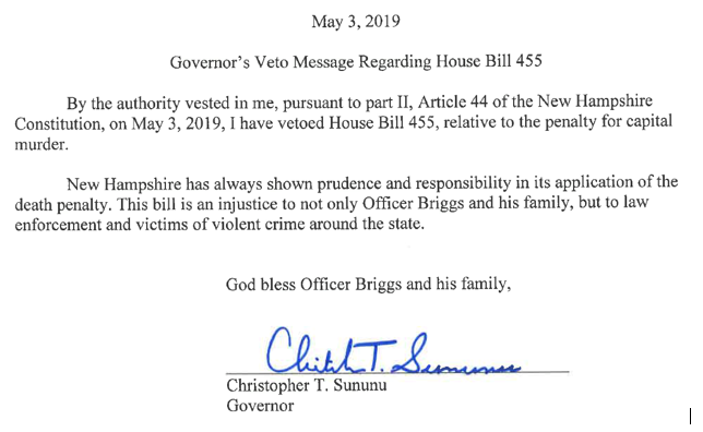 Sununu Veto Message Death Penalty Repeal