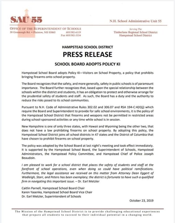 Hampstead SAU 55 School Board Gun Free Zone Announcement