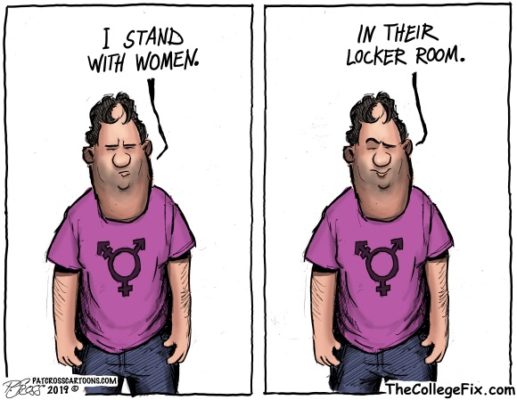 Transgender bathroom stand with women