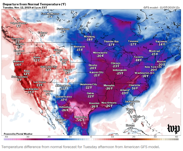 Temps for 11-12-19 projected deviation from normal
