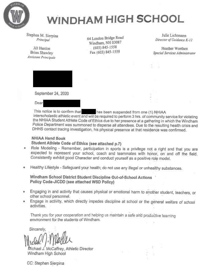 Windham student athlete suspension 2