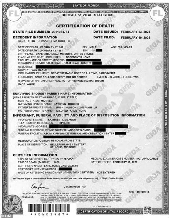 Limbaugh Death Certificate Complete