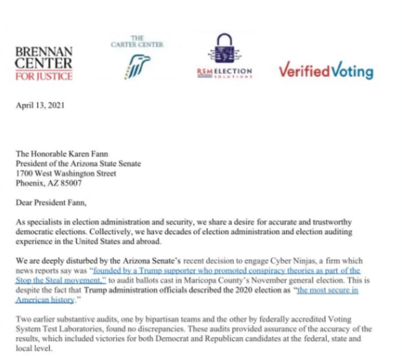 Brennan Center Verified Voting Mark Lindeman Letter to Arizona State Senate on Forensic Audit Letter 1