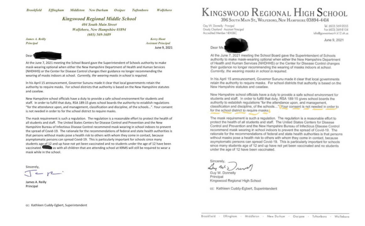 Kingswood form letter mask mandates side by side