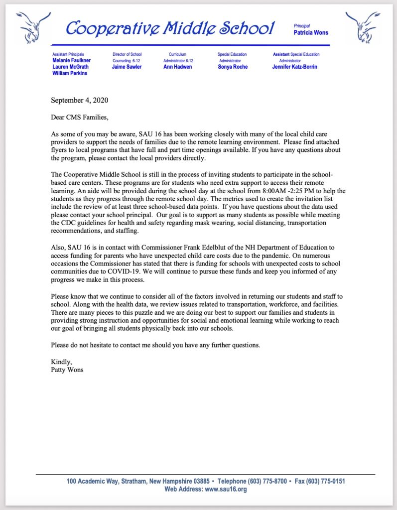 SAU16 Cooperative Middle School - Child Care offerings