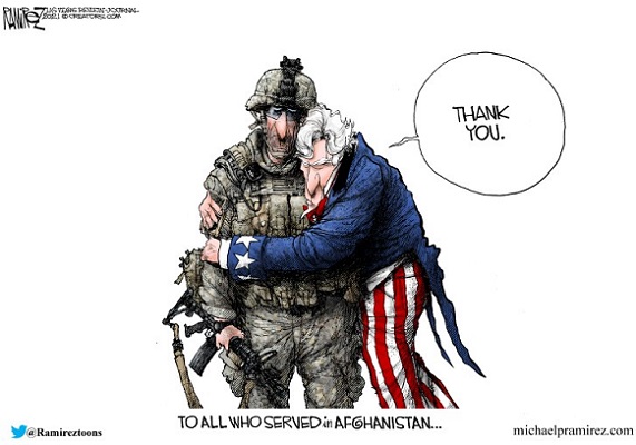 Uncle Sam thanking Afganistan Vets I and I Michael Ramirez mrz082221_color Lucianne.com
