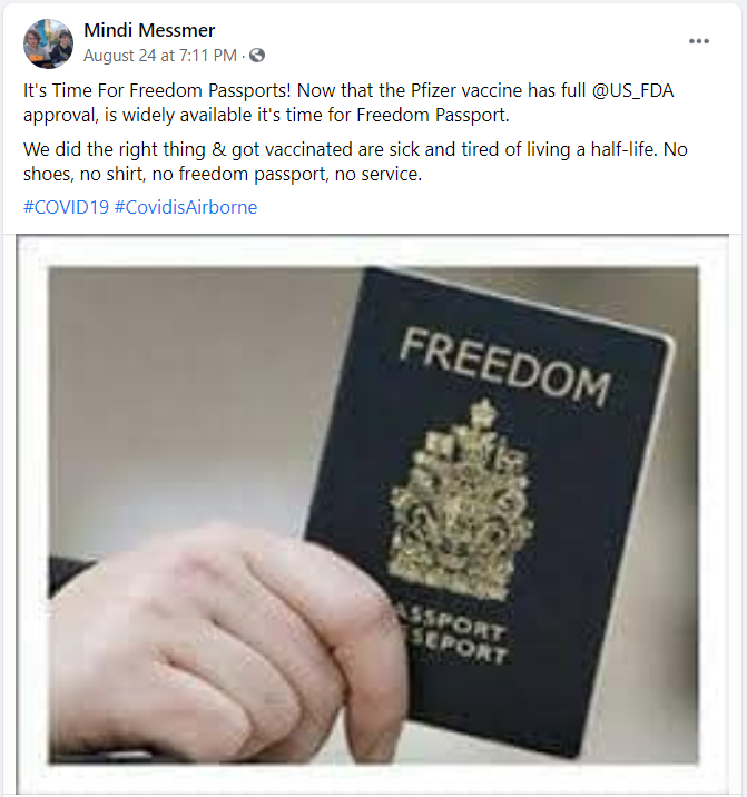 Mindi Messmer post time for vaccine passports