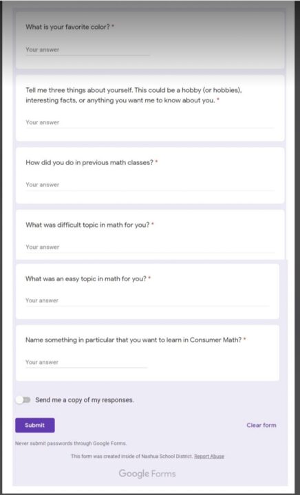Consumer math class questions - personal infromation screen grab 2