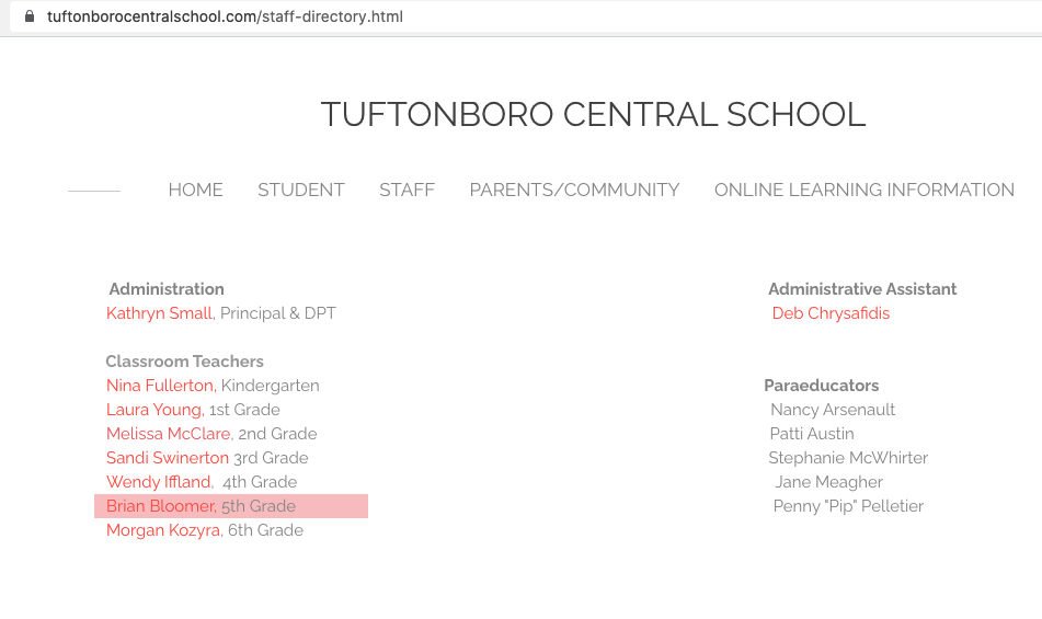 Tuftonboro School Brian Bloomer, Fifth Grade