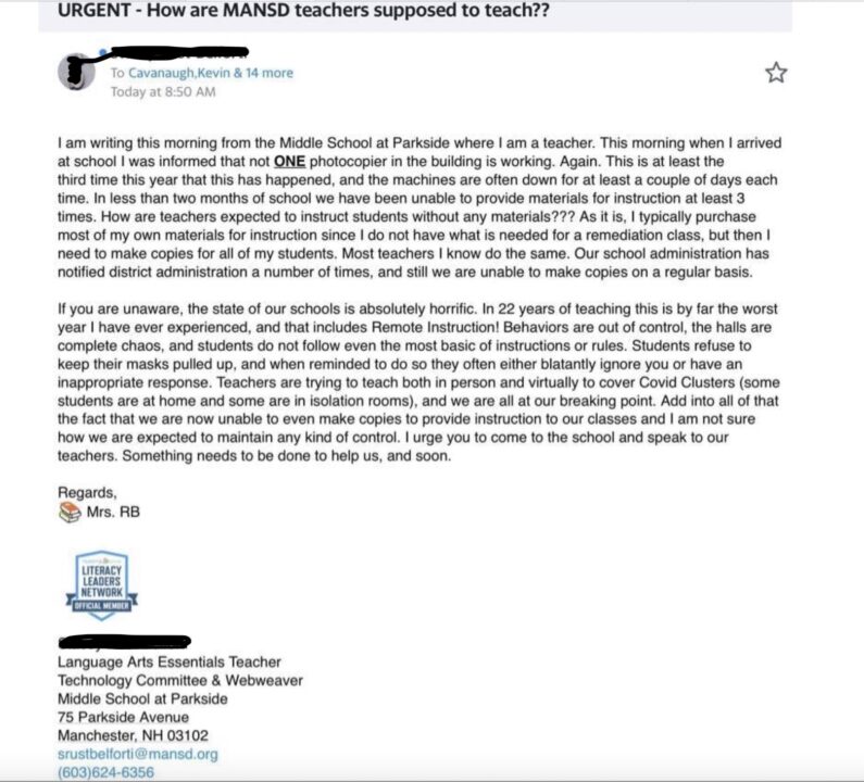 Manchester Teacher letter cry for help