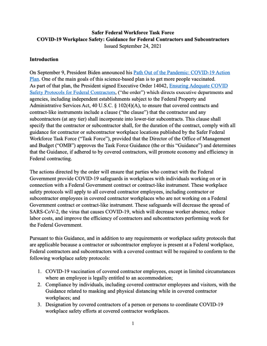 Safer Federal workforce Task Force COVID-19 Workplace Safety - Guidance for Fed Contractors and Sub 2021-09-24