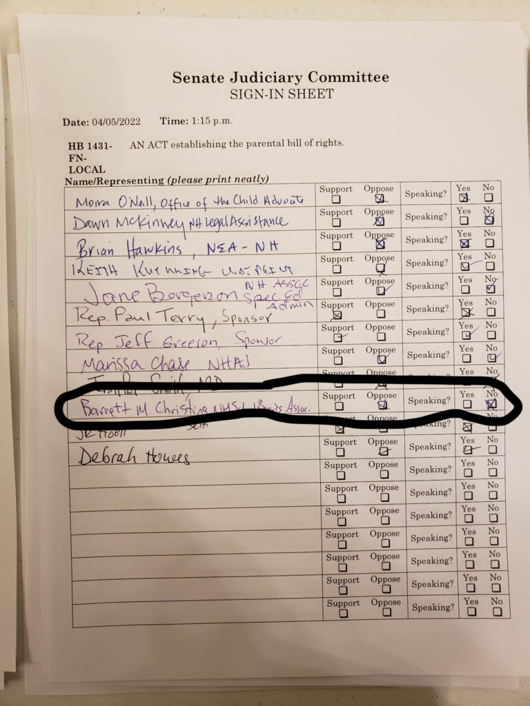 Parents Bill of Right seante hearing sign in sheet