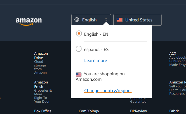 Amazon Home Page change Country