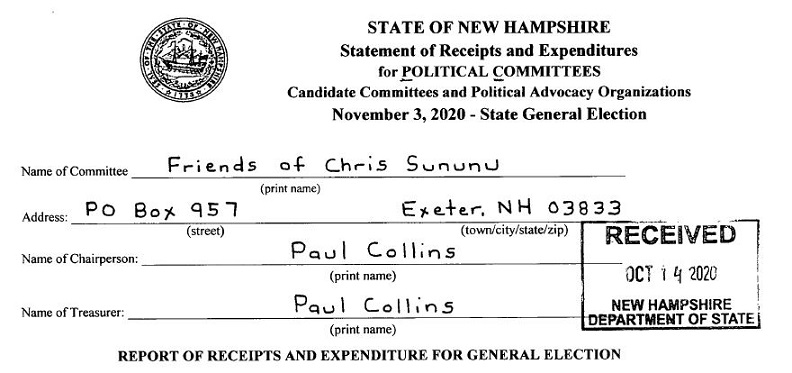 Paul Collins signing Friends of Sununu campaign report