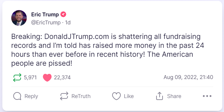 Eric Trump FBI raid equals fundrasing record