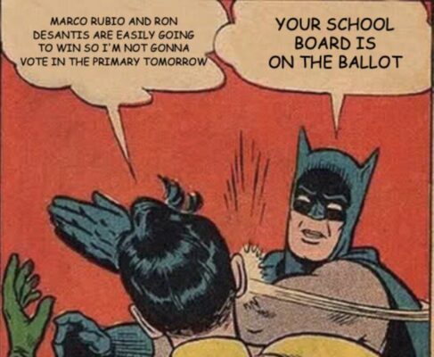 Screen grab tweet Batman Robin getting slapped meme florida school baord races