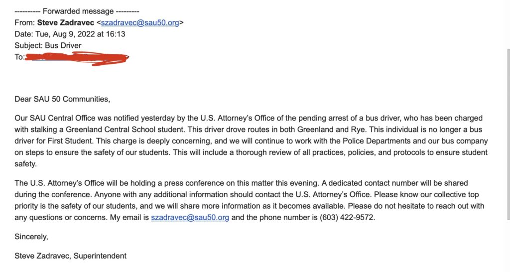 SAU 50 Greenland Bus driver grooming US Attorney email