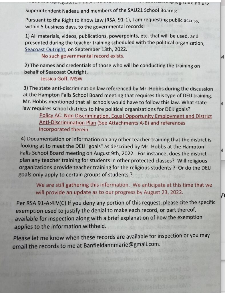 SAU21 Right to Know Request