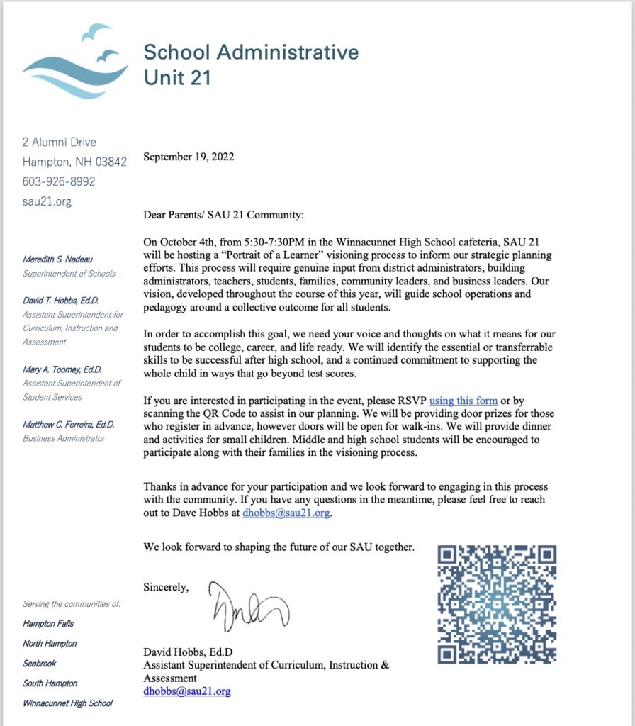 Parent letter SAU 21