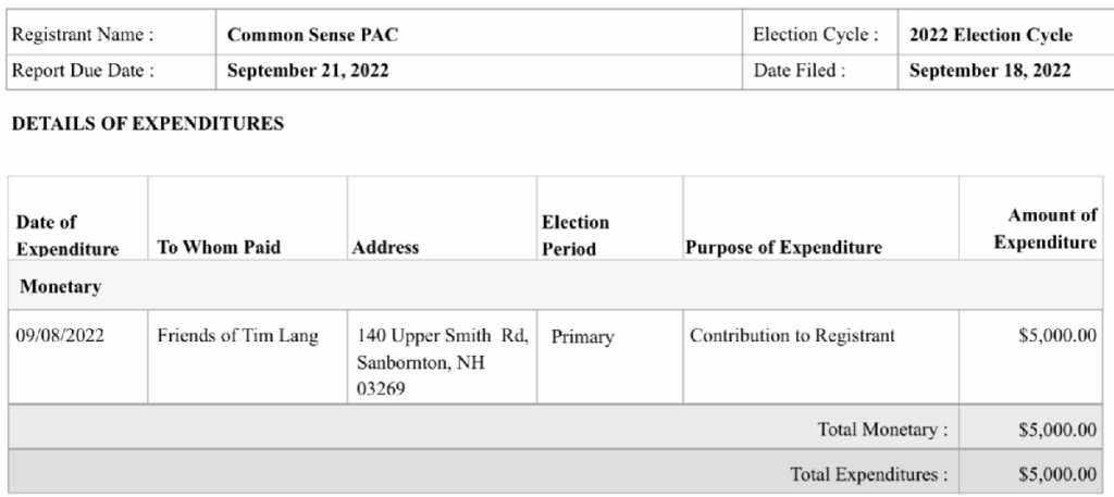 Common Sense PAC campaign filing as of 2022-10-03 Tim Lang