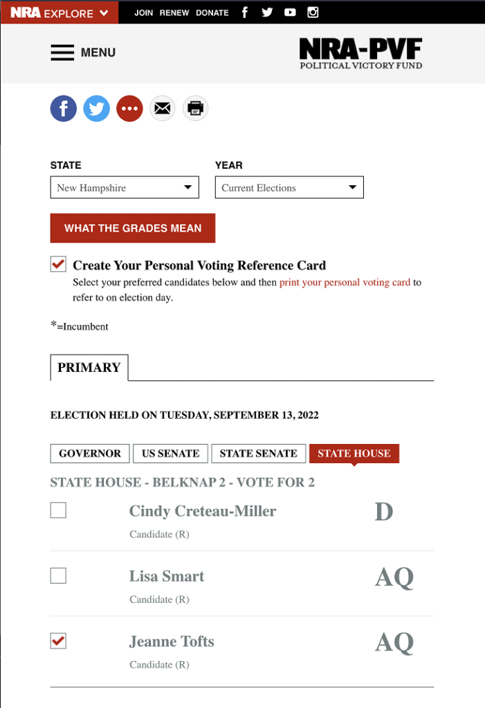 NRA rating Meredith NH House Candidates Smart Tofts Creteau-Miller