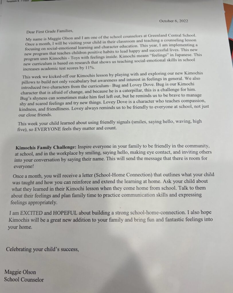 Maggie Olsen Letter to first grade familaies