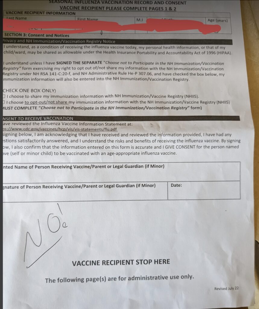 No consent for flu vaxx form redacted Pg 2