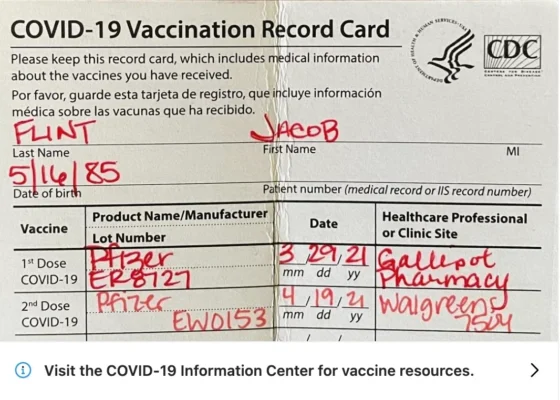 Jake Flint Vaccine Card