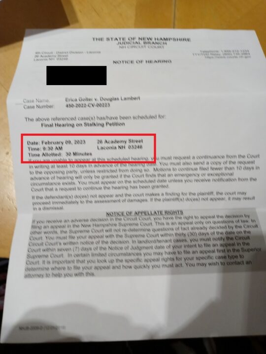 Third Delay - Notice of Hearing on Stalking Petition 2022-11-08 Golter v Lambert for 2023-02-09 Laconia District Court