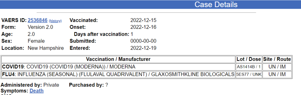 VAERS ID 2536846 COVID Vaccine Death 2 year old NH