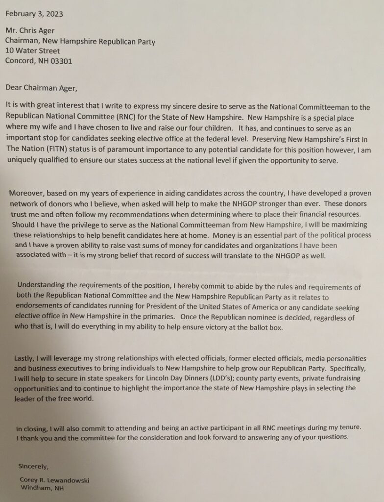 Cory Lewandowski Letter for RNC Committeeman Chris Ager