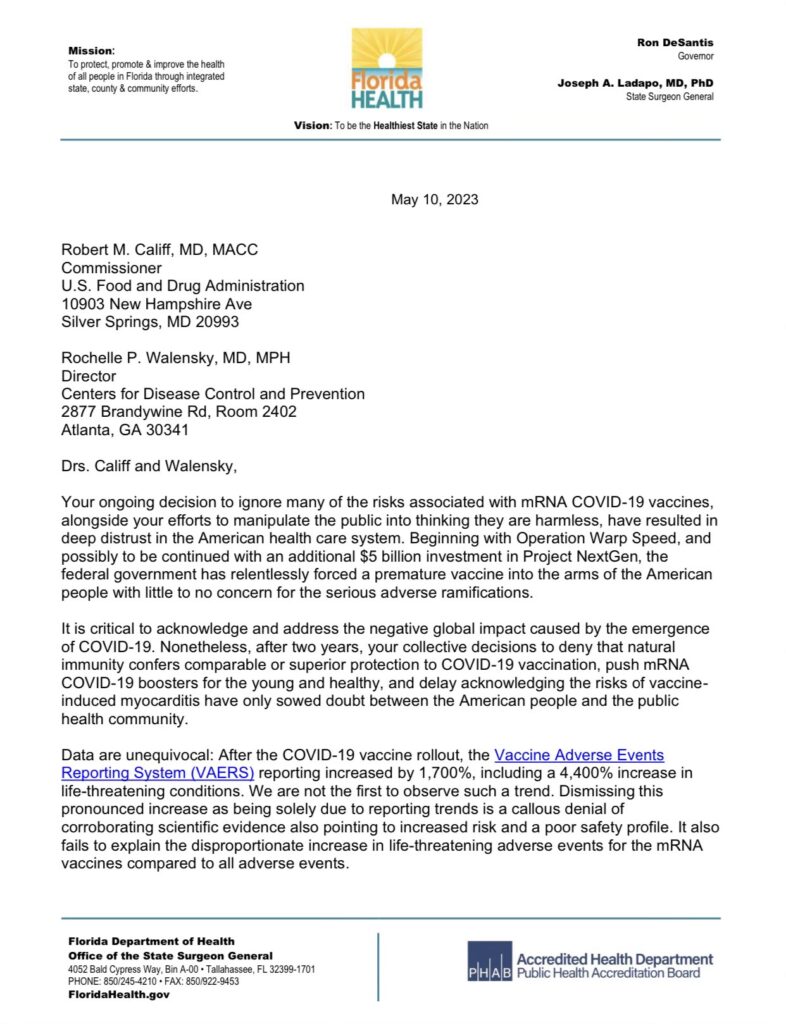 Florida Surgeon-General Dr. Joseph A. Ladapo letter 1 of 3
