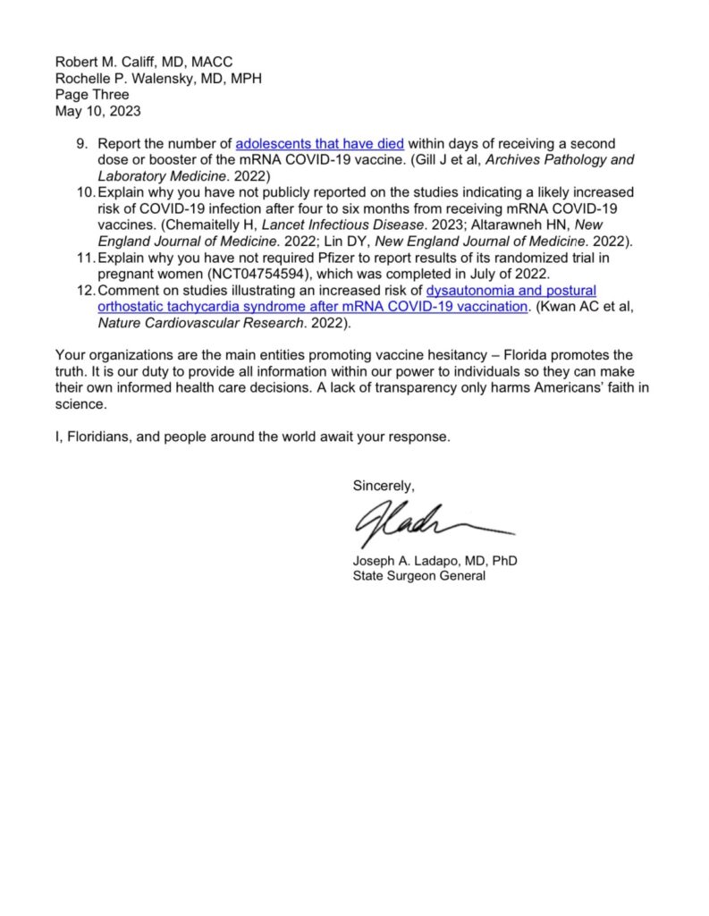 Florida Surgeon-General Dr. Joseph A. Ladapo letter 3 of 3