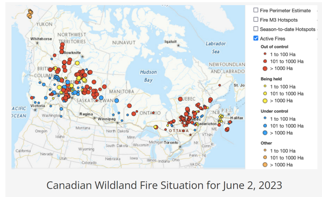Canadian wildfire map 2 June 2023