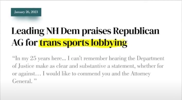 NH Dem Praises Repub AG for lobbying for Transgender Sports DOK