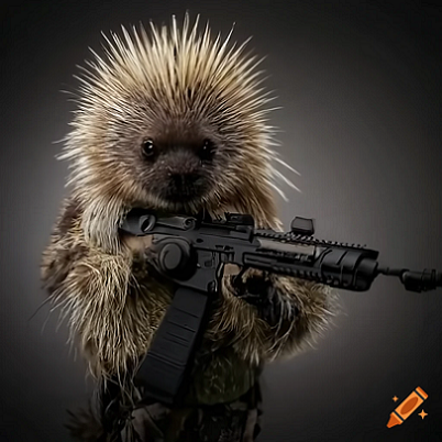 Porcupine holding an AR-15 Perplexity.AI