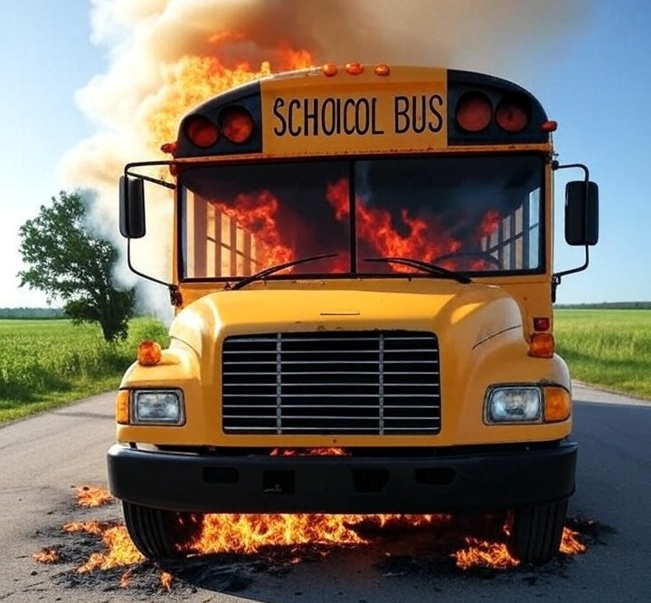 Empty School Bus on fire