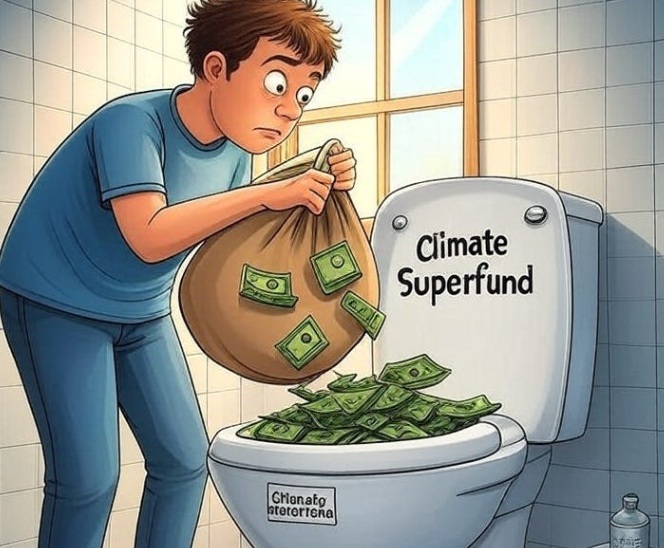Climate superfund cahs down the toilet -AI cartoon