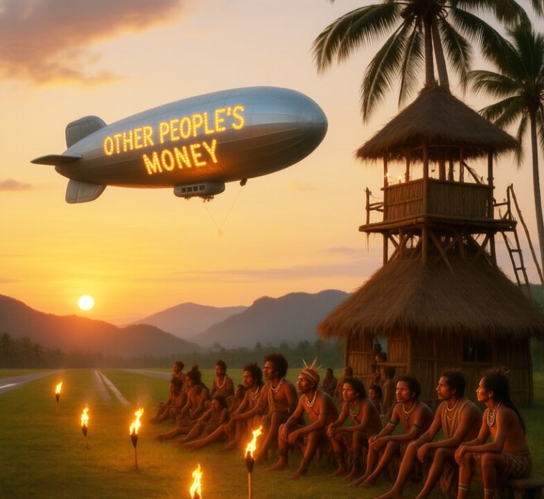 Other people's money island  AI IMage of a blimp and people on a beach