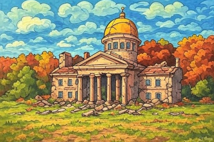 cartoon of a crumbling vermont statehouse