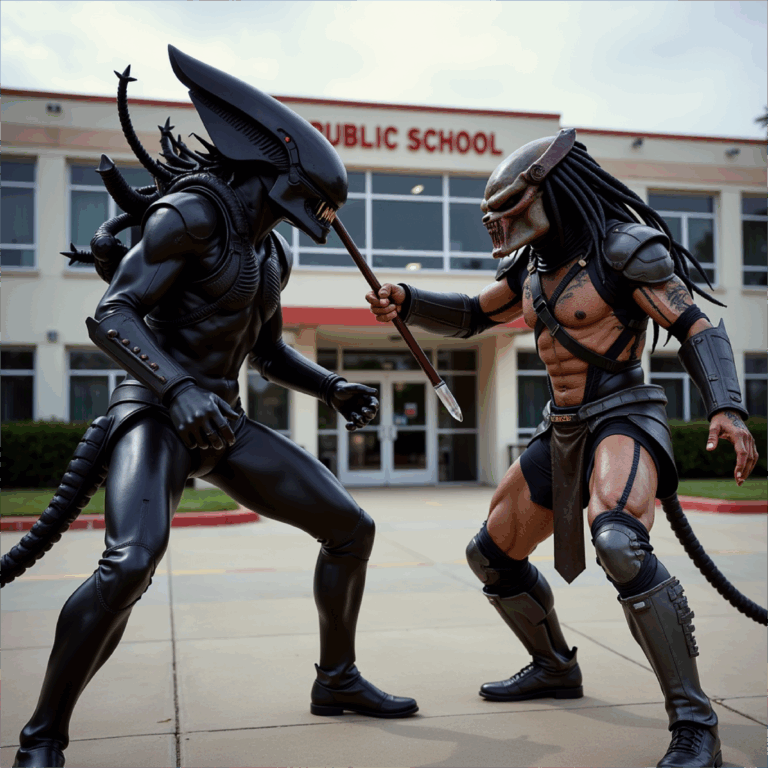 Alien predator outside a public school AI generated