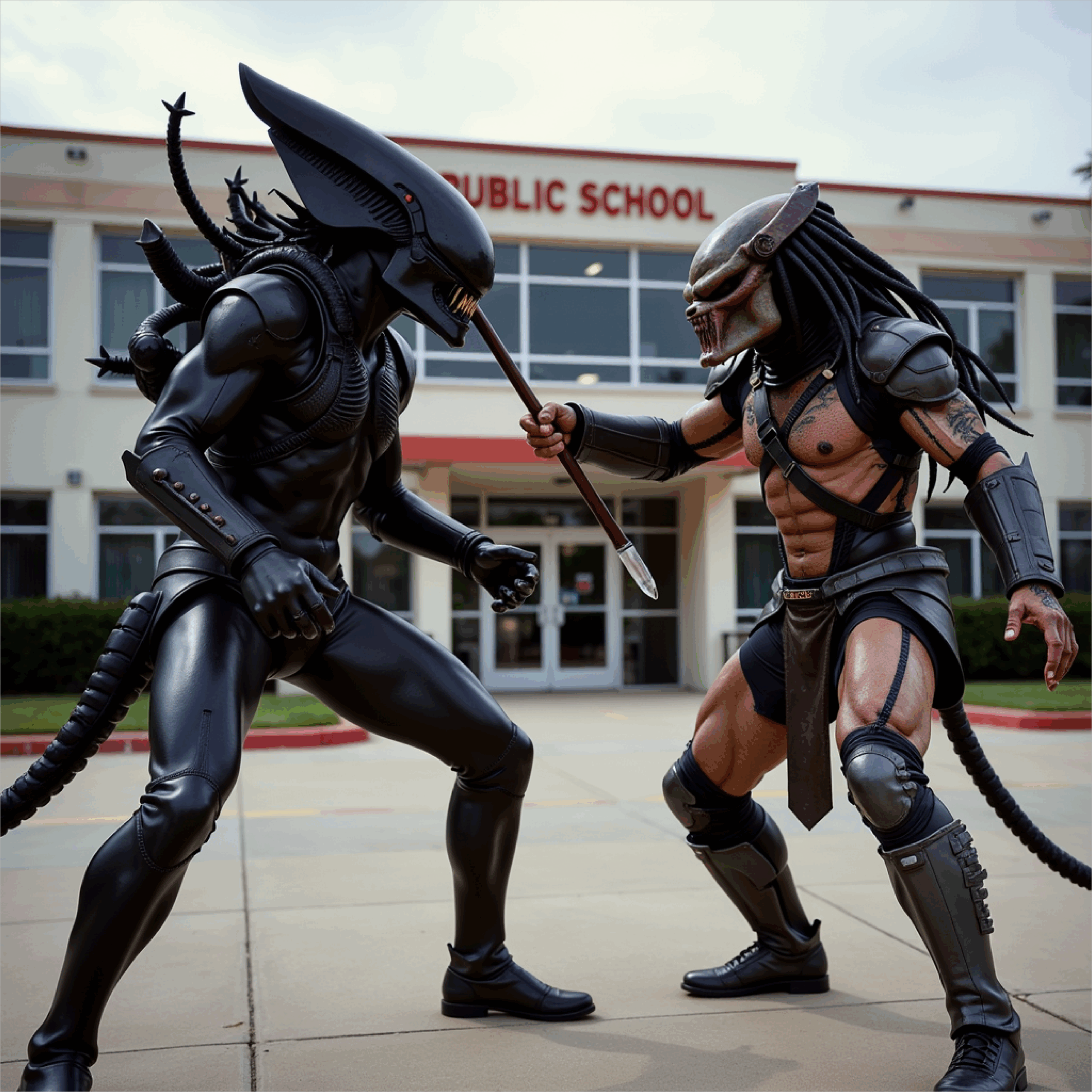 Alien predator outside a public school AI generated
