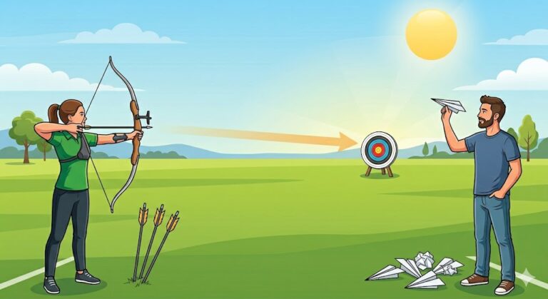 Cartoon of a woman archer and aman tossing paper airplanes