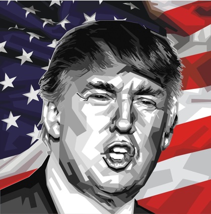 stylized, low-poly geometric art of Donald Trumpand the American flag