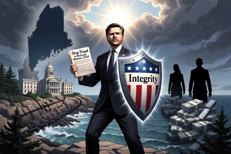 AI Image JD Vance with a shield holding anti-fraud paperwork