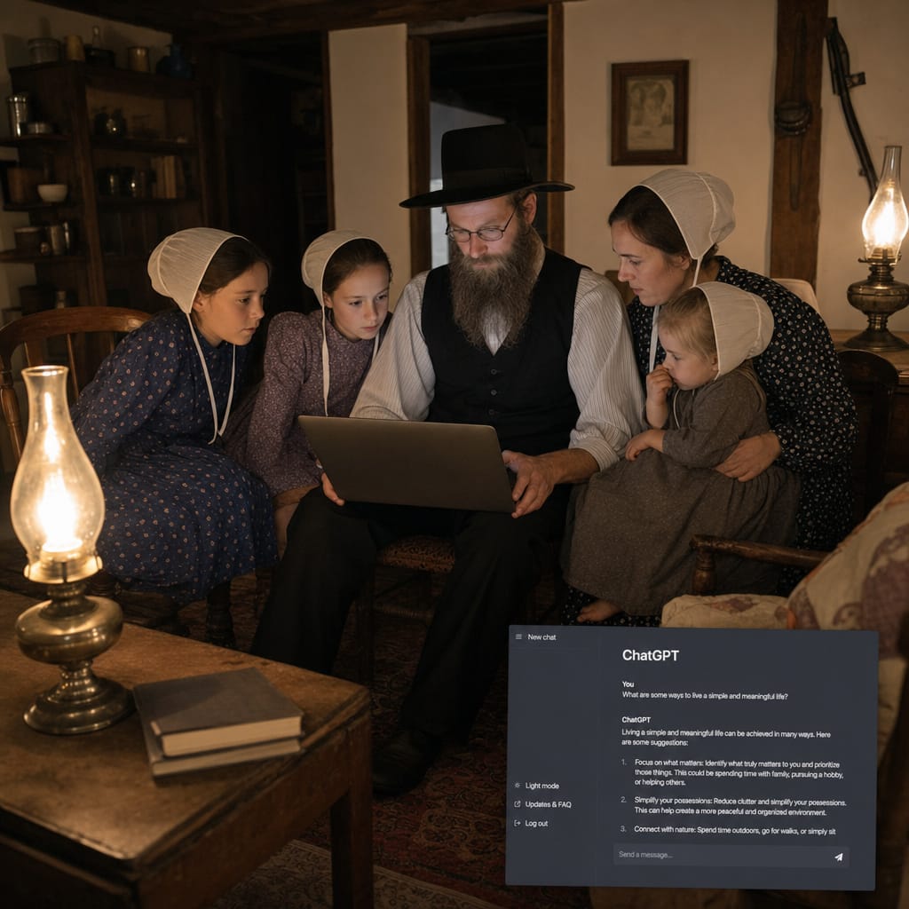 Amish family in front of a laptiop