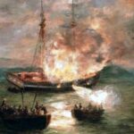 Painting of a ship on fire - The Gaspee Afffais
