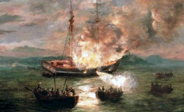 Painting of a ship on fire - The Gaspee Afffais