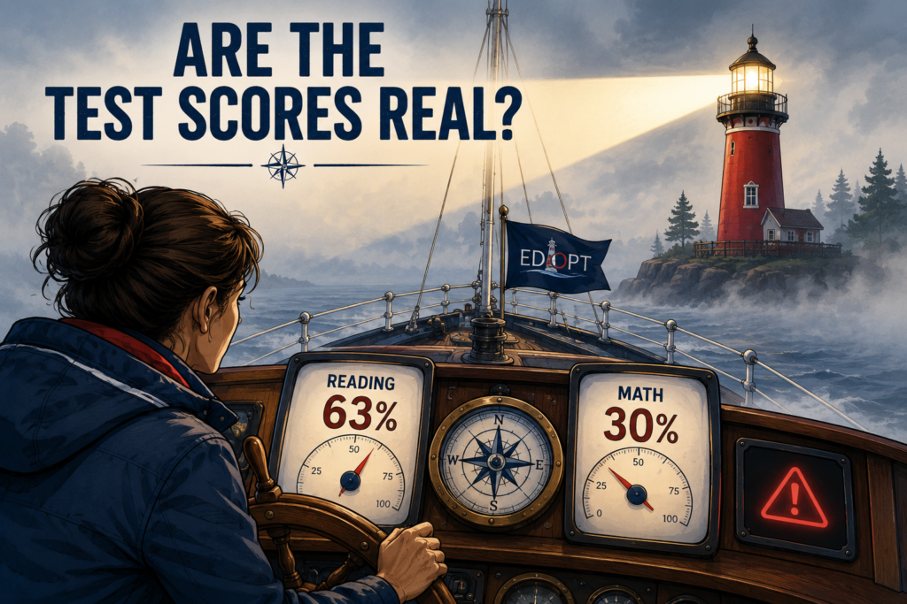 Illustration of a parent at the helm of a ship sailing through fog toward a distant red lighthouse. Two gauges show concerning metrics: 'READING 63%' and 'MATH 30%'. The parent leans forward thoughtfully, examining the instruments as the lighthouse beam illuminates the scene through the mist. The color palette uses deep navy blues, soft grays, and a warm red lighthouse accent, creating a hopeful yet questioning tone about educational outcomes.
