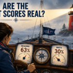 Illustration of a parent at the helm of a ship sailing through fog toward a distant red lighthouse. Two gauges show concerning metrics: 'READING 63%' and 'MATH 30%'. The parent leans forward thoughtfully, examining the instruments as the lighthouse beam illuminates the scene through the mist. The color palette uses deep navy blues, soft grays, and a warm red lighthouse accent, creating a hopeful yet questioning tone about educational outcomes.